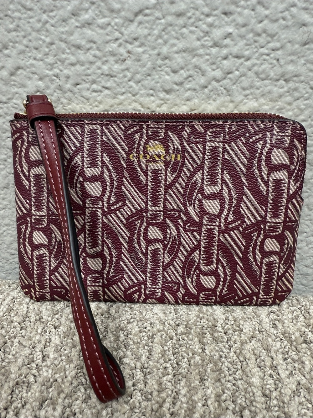 Coach Maroon and Cream Signature Wristlet